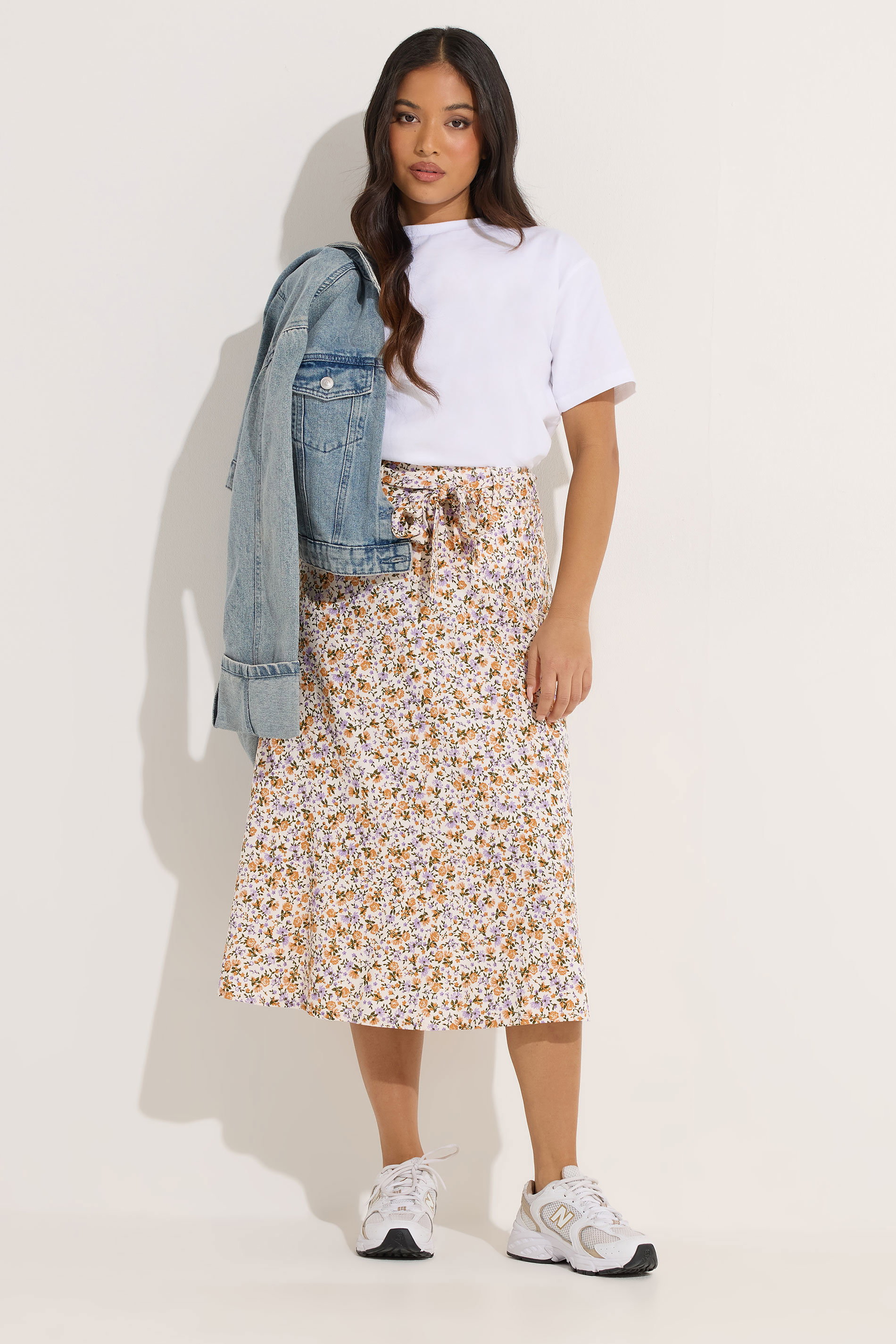 PixieGirl Petite Women's Cream Ditsy Floral Belted Midi Skirt | PixieGirl 3