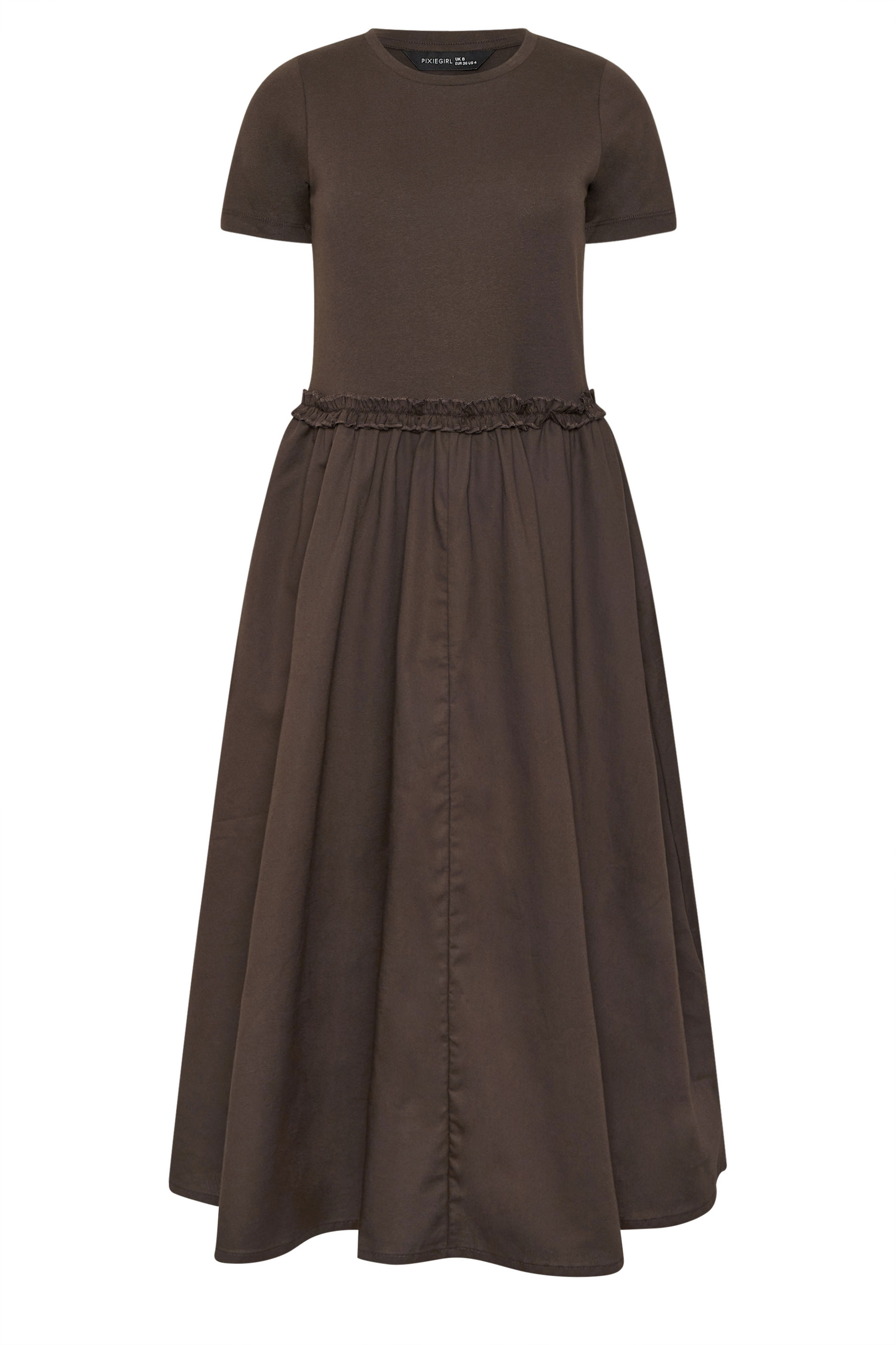 PixieGirl Petite Women's Chocolate Brown Mixed Ruffle Cotton Midi Dress | PixieGirl  5