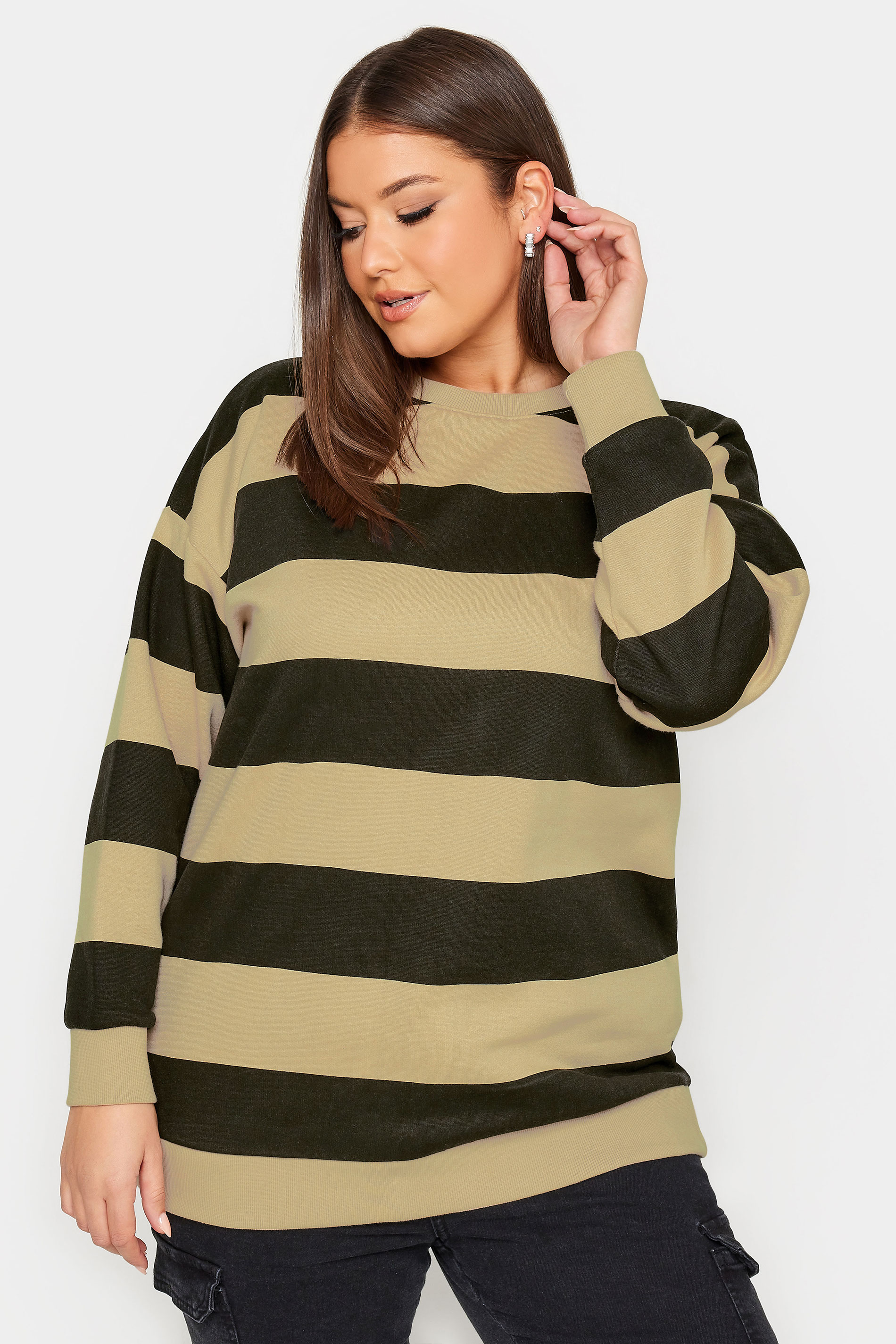 YOURS Plus Size Stone Brown Stripe Sweatshirt | Yours Clothing 1