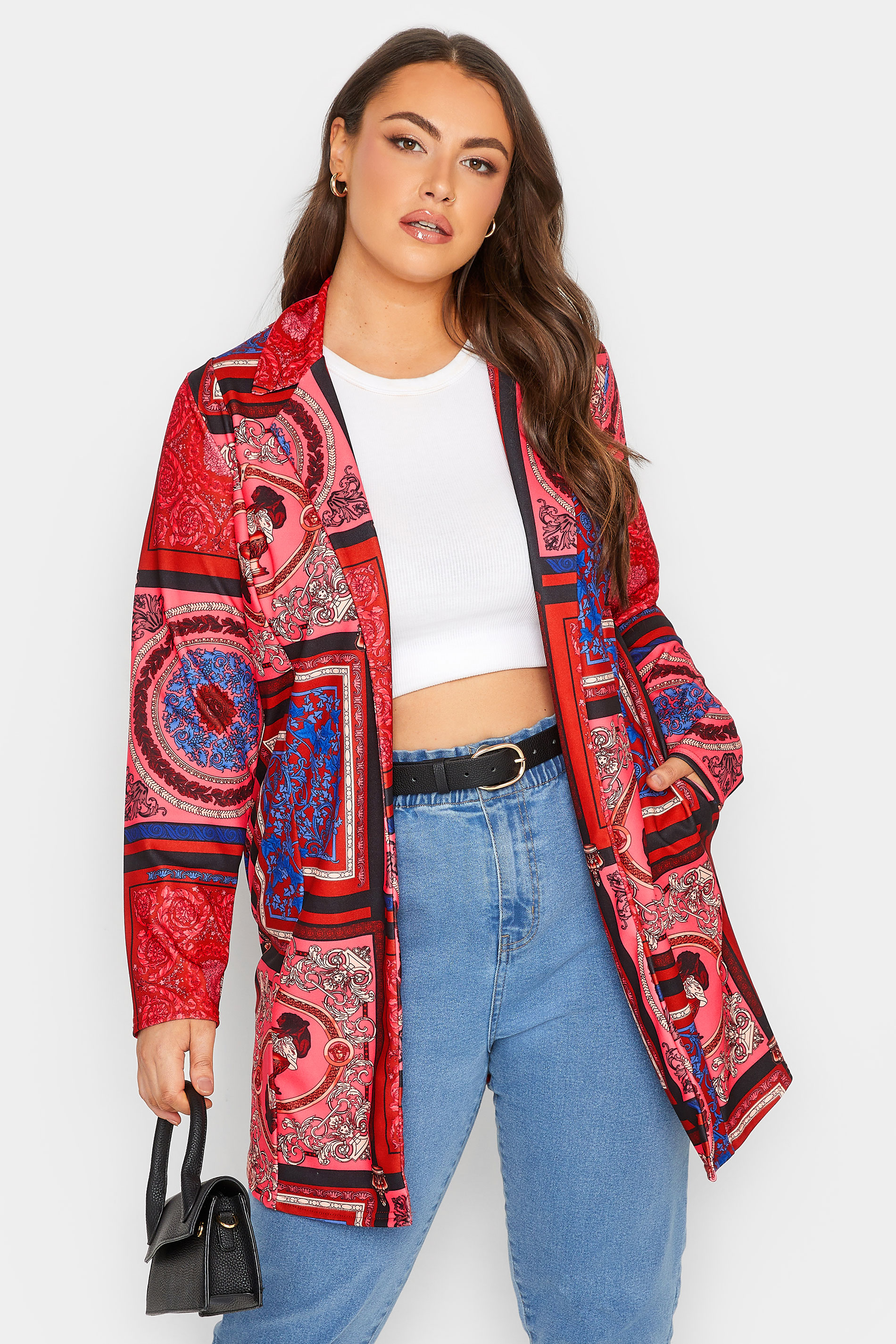 YOURS Curve Plus Size Rust Orange Scarf Print Blazer | Yours Clothing  2
