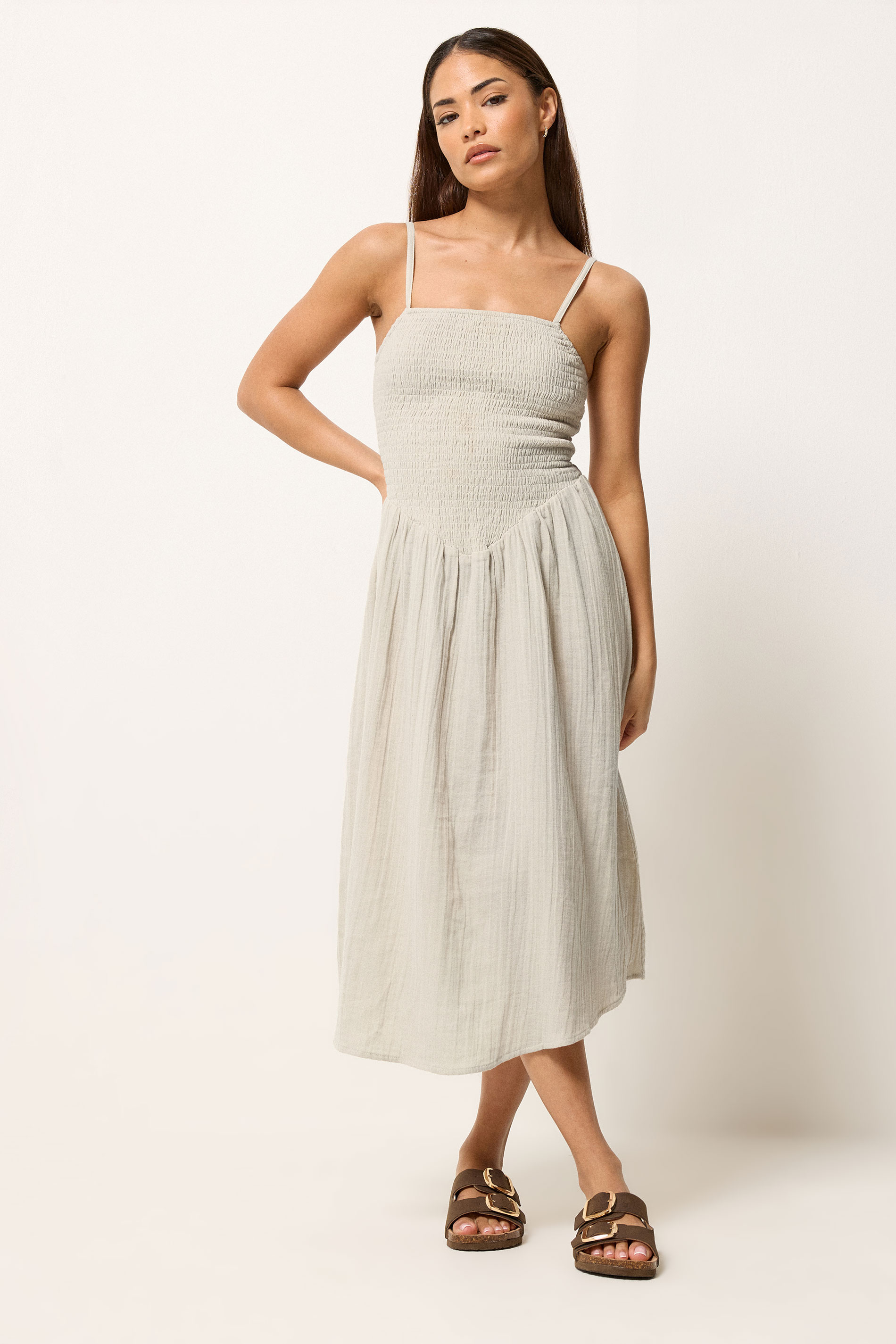 PixieGirl Petite Women's Stone Brown Cotton Cheesecloth Midi Dress | PixieGirl 2
