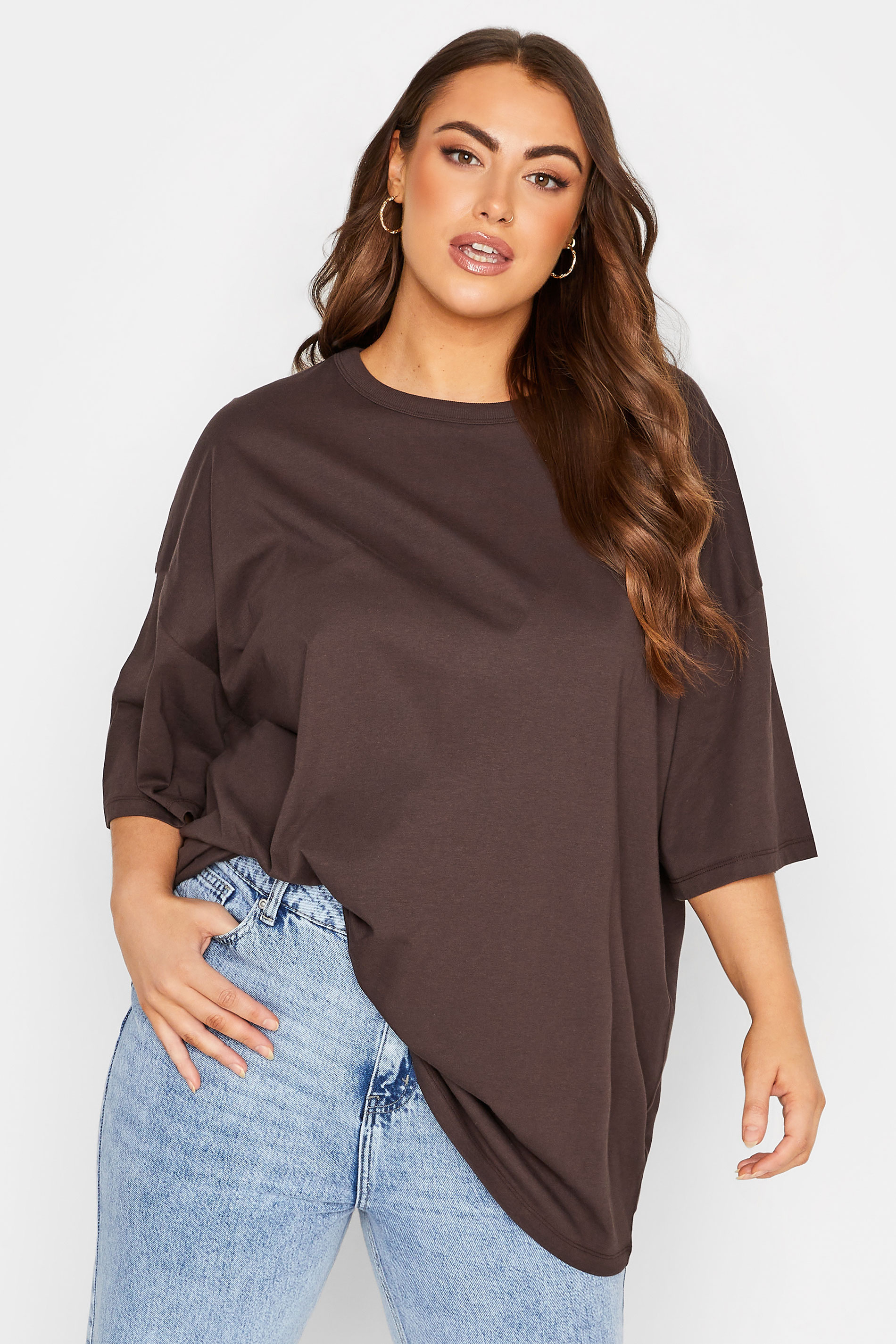 Plus Size Chocolate Brown Oversized Boxy T-Shirt | Yours Clothing 1