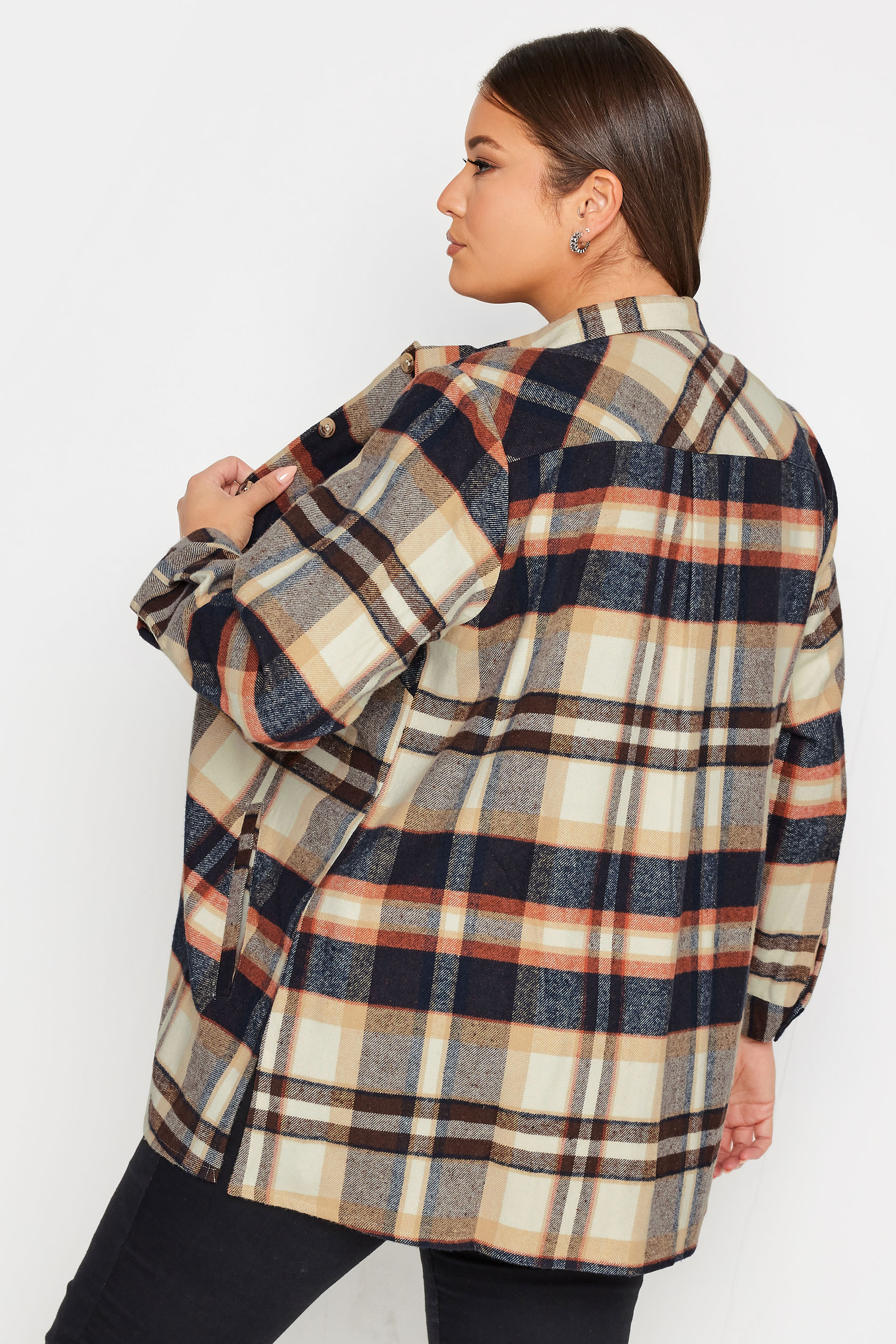 YOURS Plus Size Beige Brown Check Print Shacket | Yours Clothing