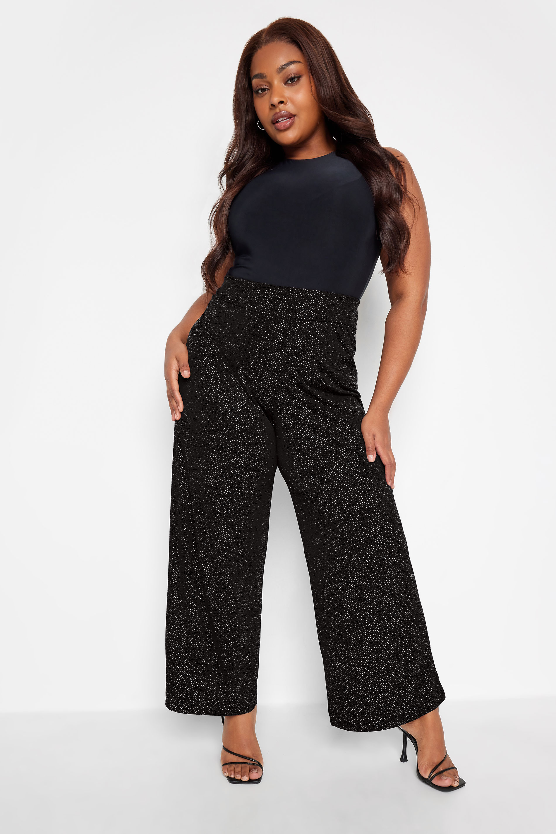 YOURS LONDON Plus Size Black Glitter Party Wide Leg Trousers | Yours Clothing 2