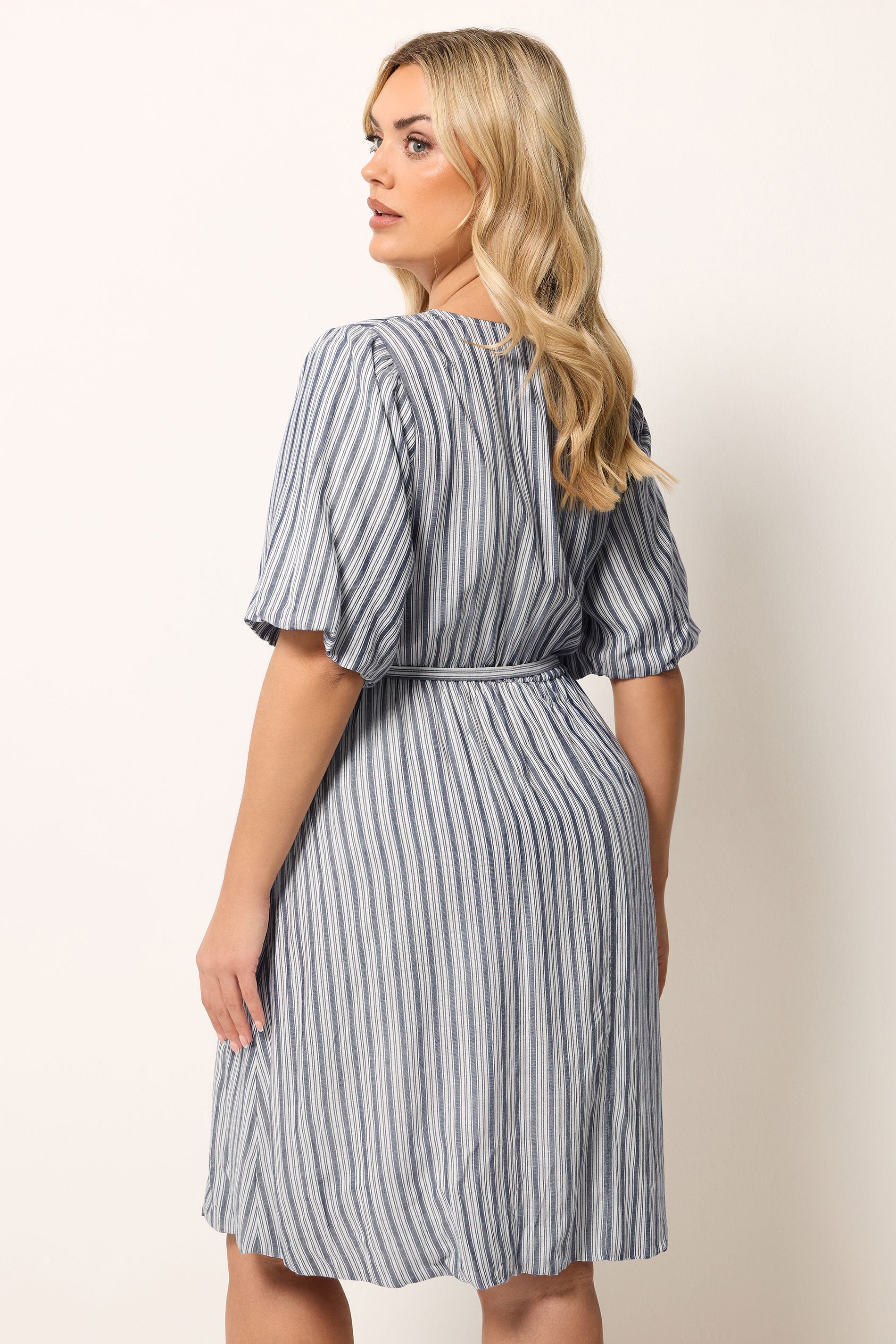 YOURS Plus Size Blue Stripe Puff Ball Wrap Dress | Yours Clothing 2