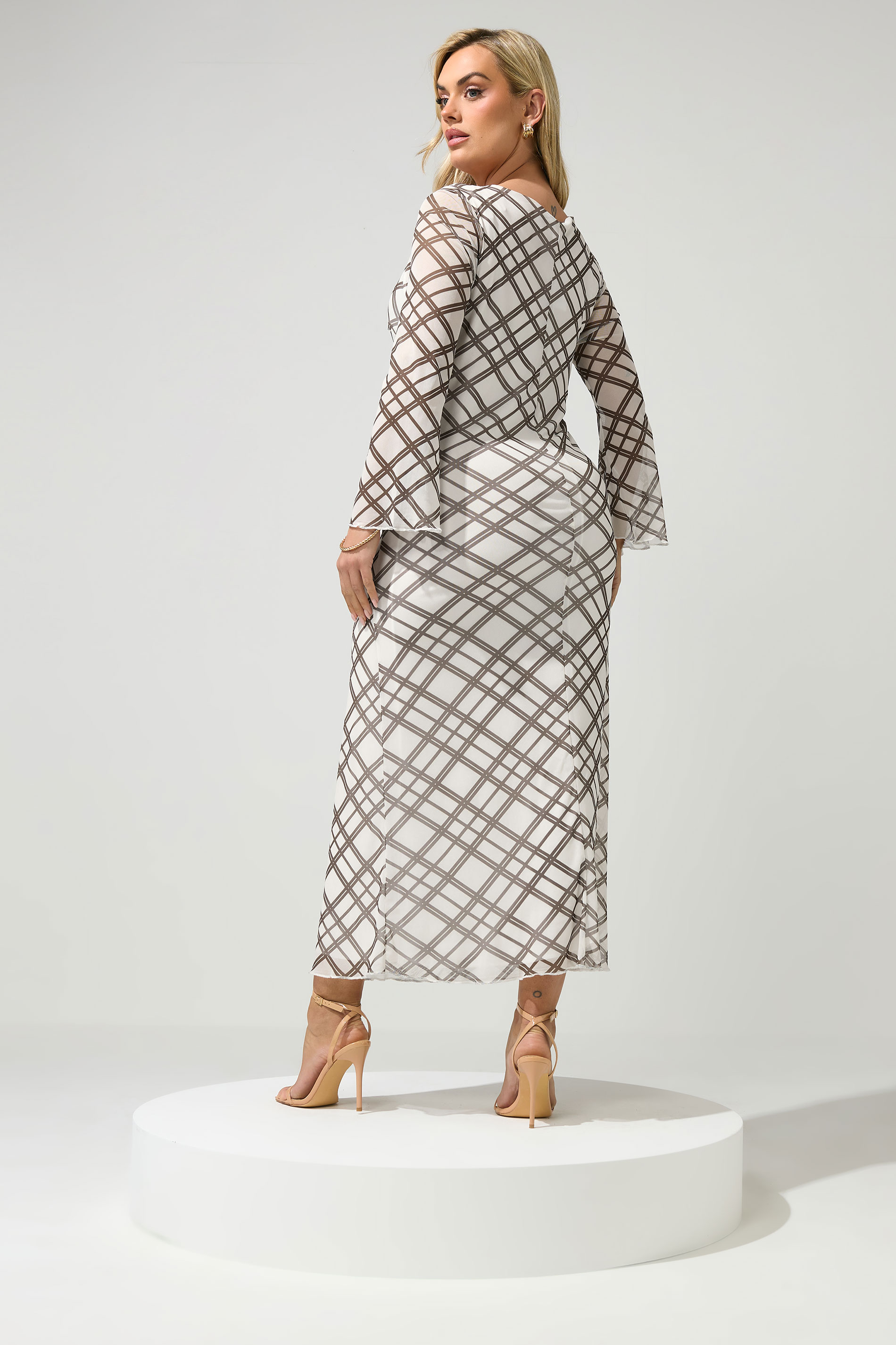 YOURS LONDON Plus Size Ivory White & Brown Checked Mesh Dress | Yours Clothing 2