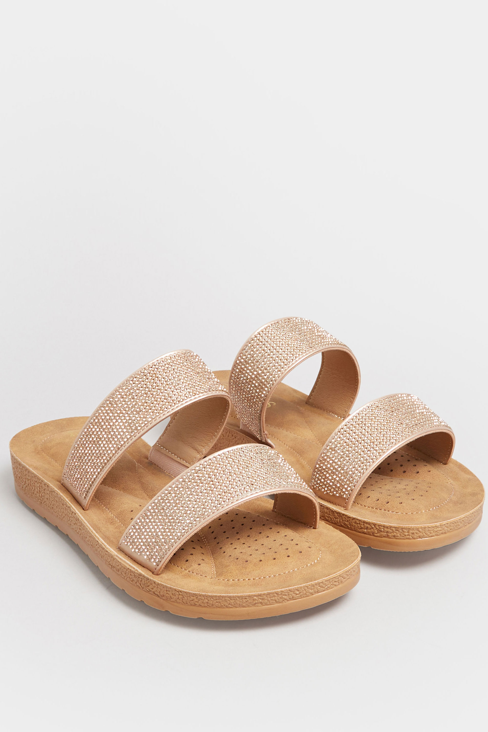 Rose Gold & Brown Glitter Strap Mule Sandals In Extra Wide EEE Fit | Yours Clothing  2
