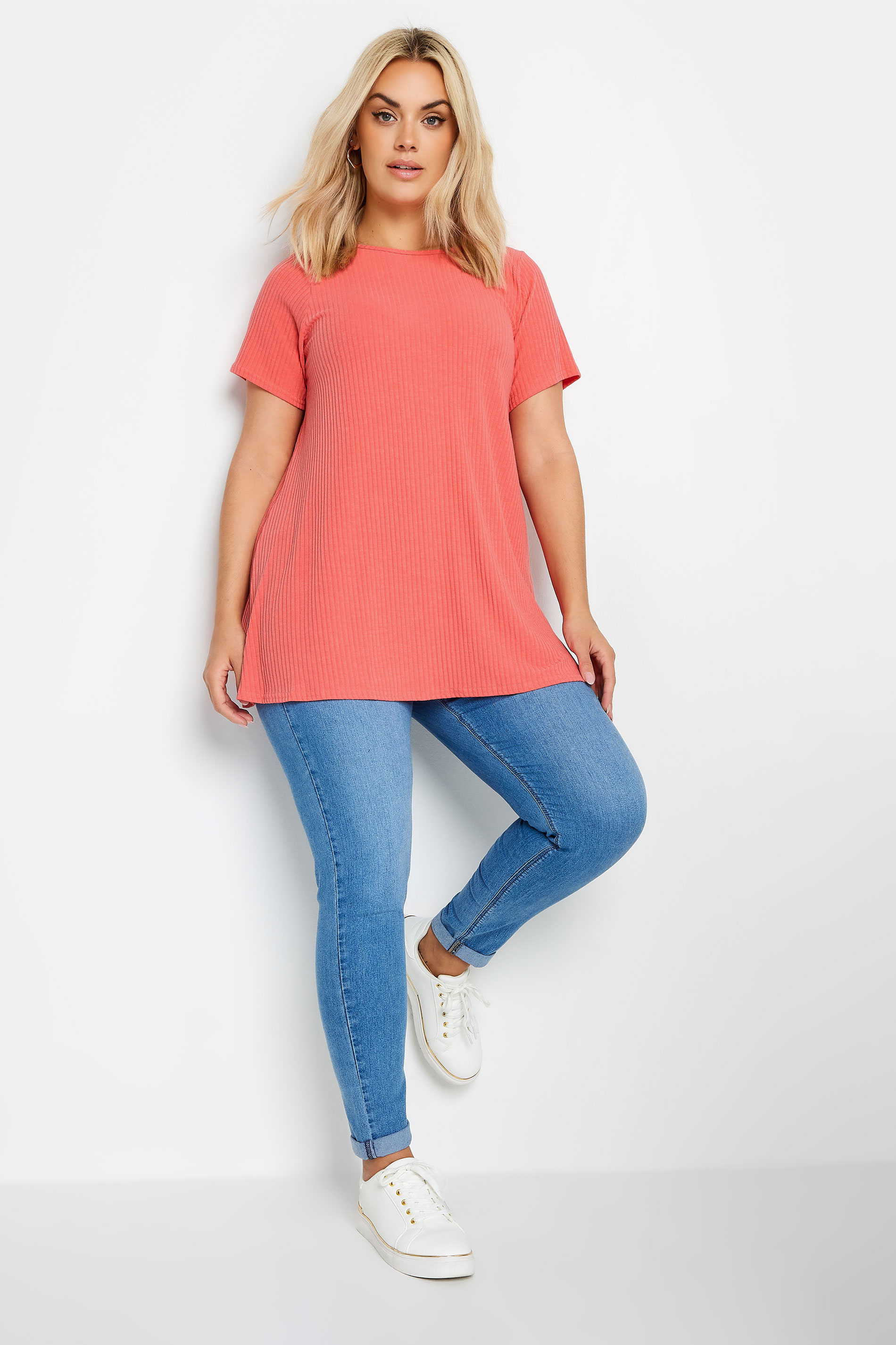 YOURS Plus Size Coral Orange Ribbed Swing Top | Yours Clothing 2