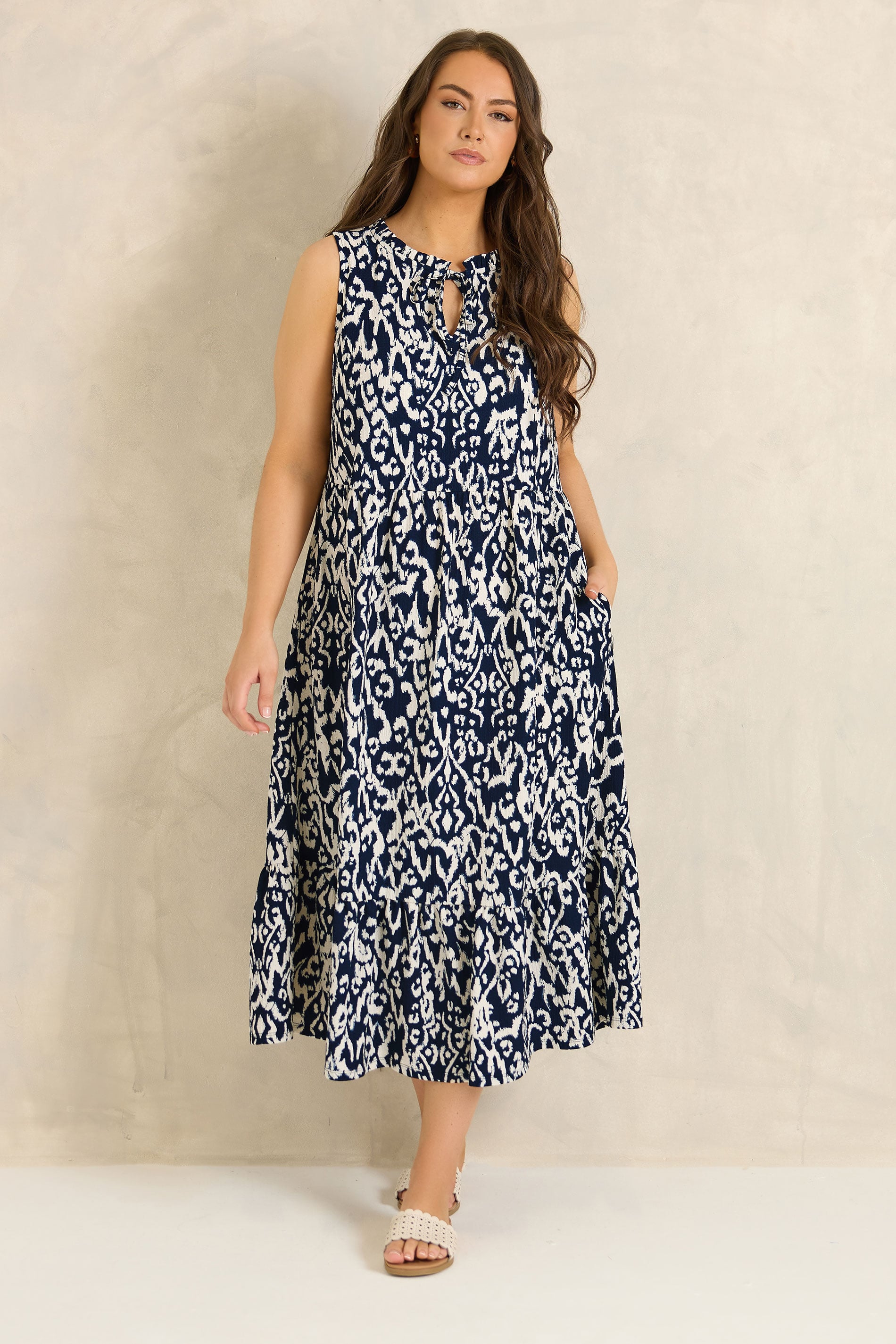 EVANS Plus Size Navy Blue Ikat Tie Neck Maxi Dress | Evans  1
