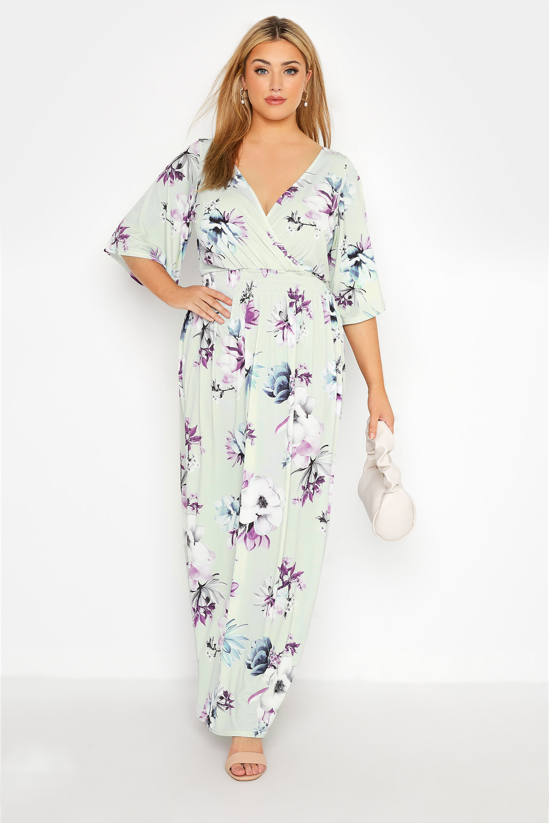 Robes Grande Taille Grande taille  Robes Longues | YOURS LONDON - Robe Cache-Coeur Floral Verte Pastel Maxi - VN68556