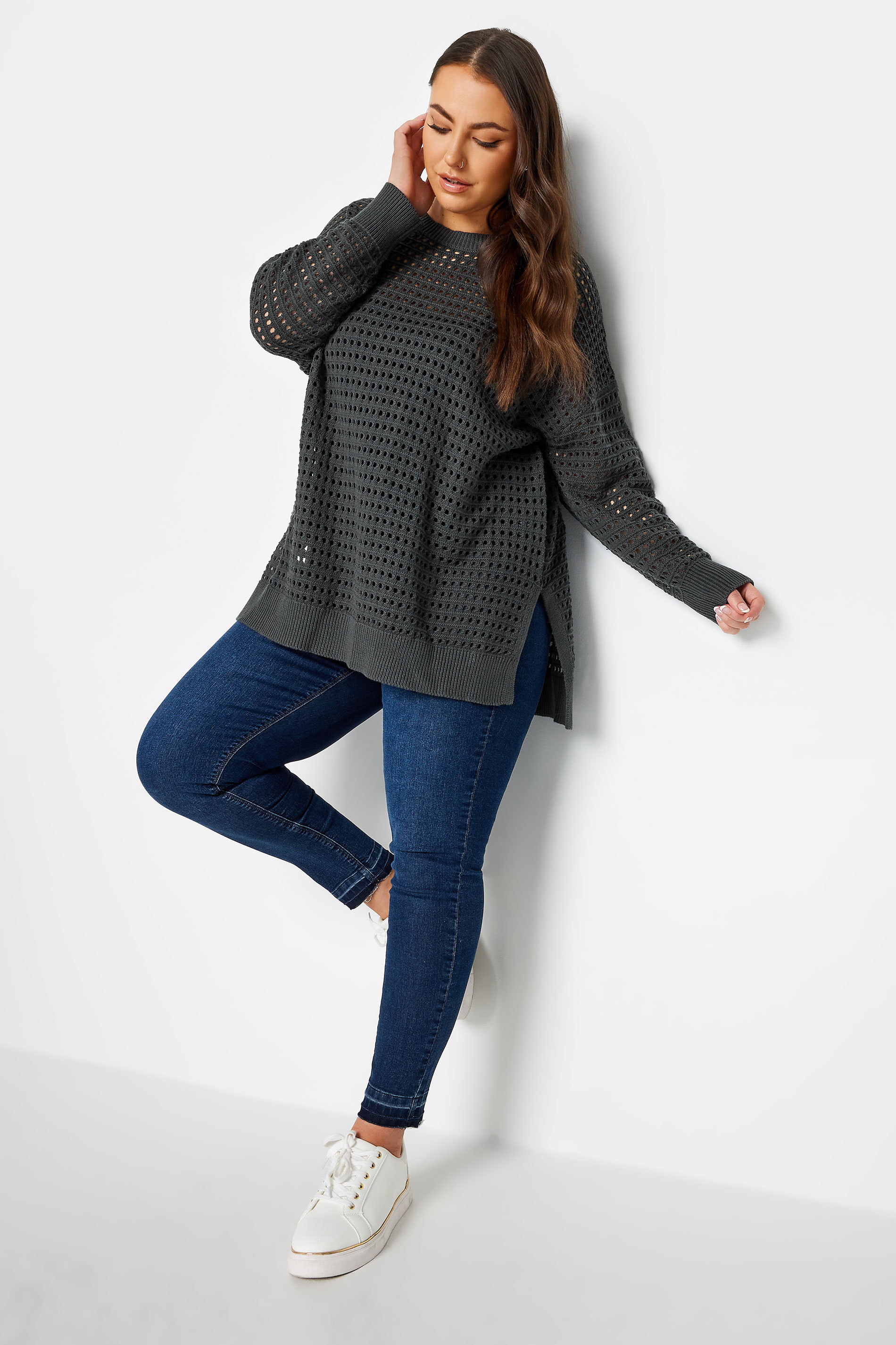 YOURS Plus Size Slate Grey Side Split Crochet Jumper | Yours Clothing 2