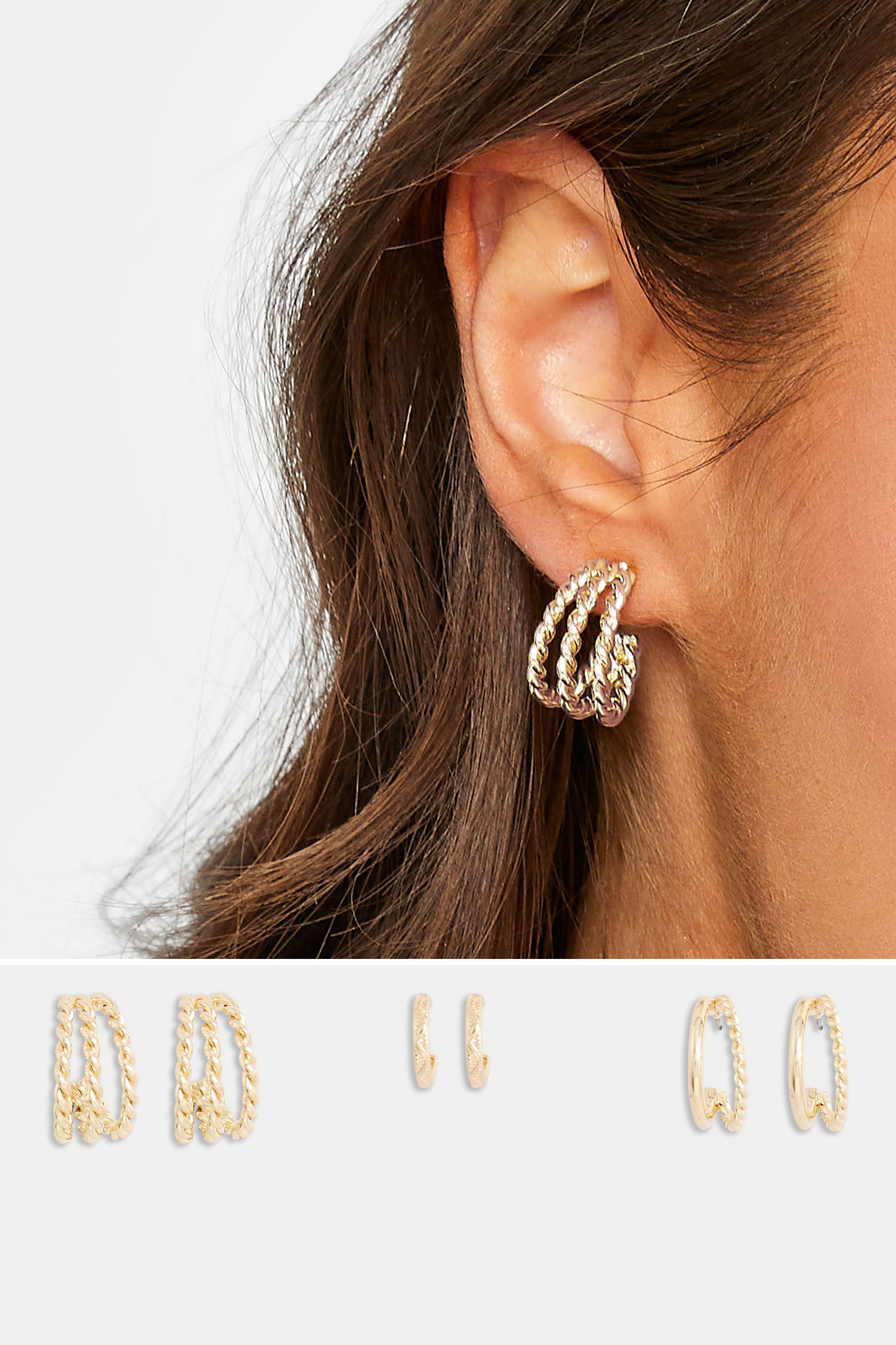 3 PACK Gold Tone Textured Hoop Earring Set | Yours Clothing 1