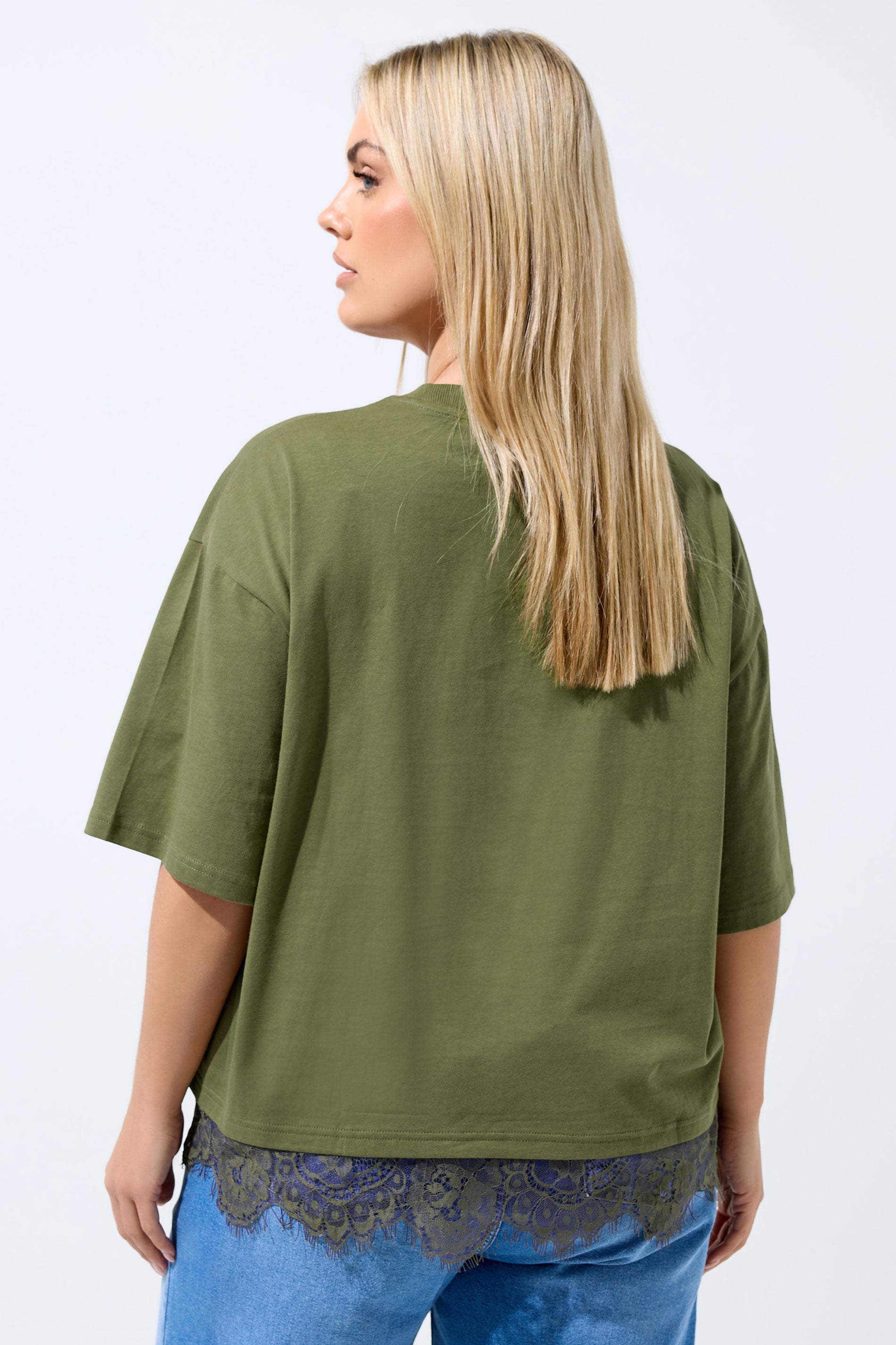 LIMITED COLLECTION Plus Size Khaki Green Lace Hem T-Shirt | Yours Clothing 2
