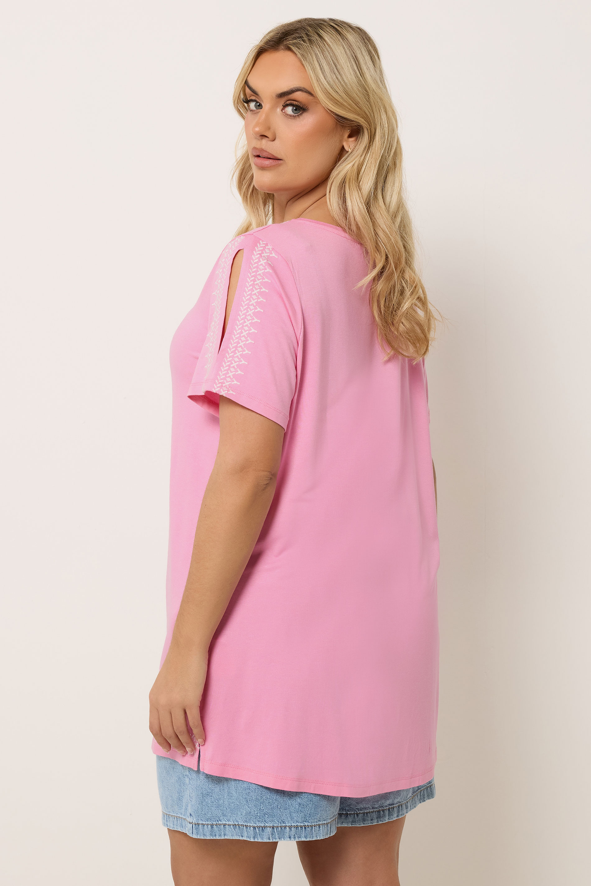 YOURS Plus Size Pink Embroidered Cold Shoulder T-Shirt | Yours Clothing 2