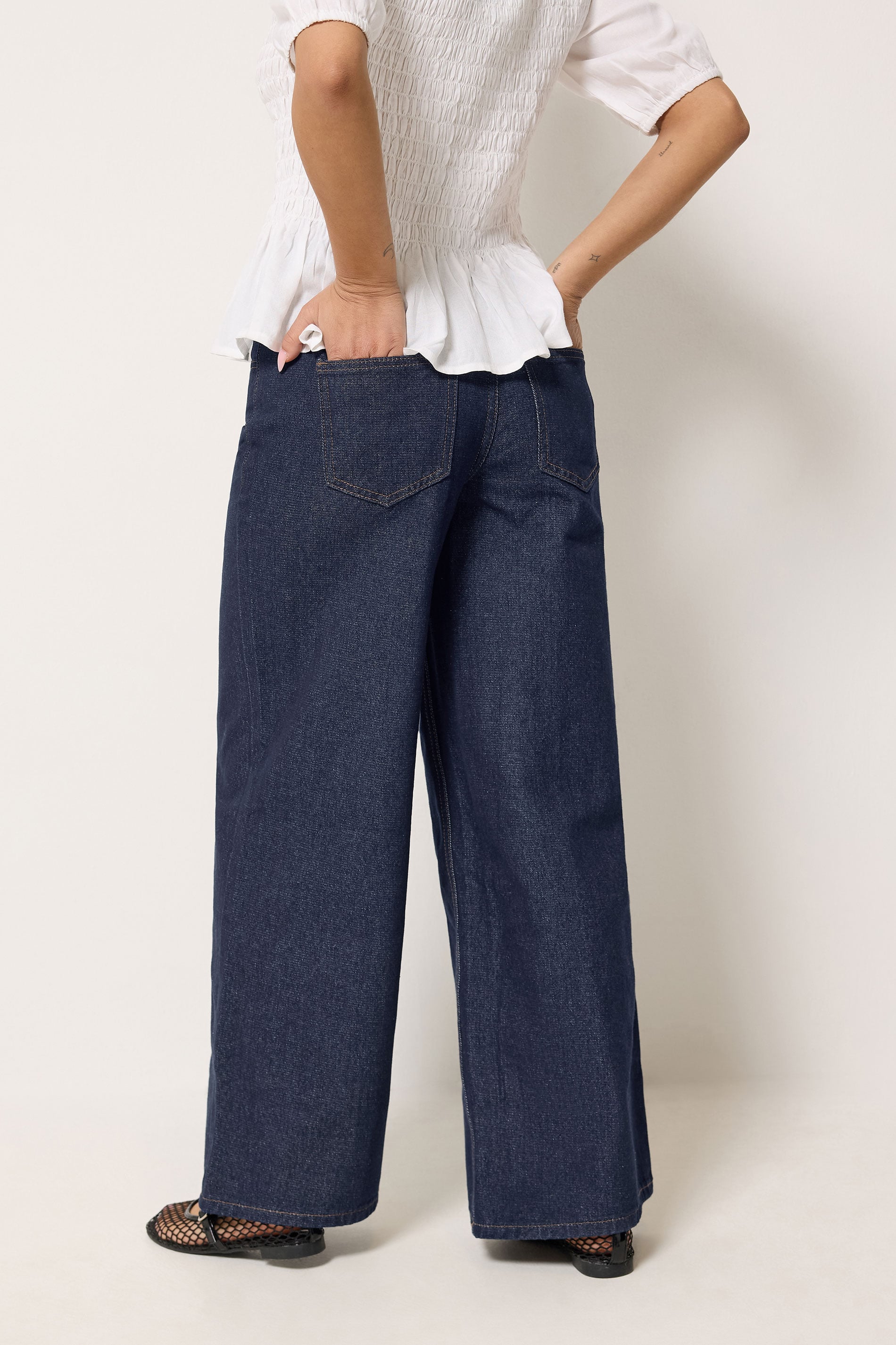PixieGirl Petite Women's Indigo Blue Elasticated Cotton Wide Leg Jeans | PixieGirl 2