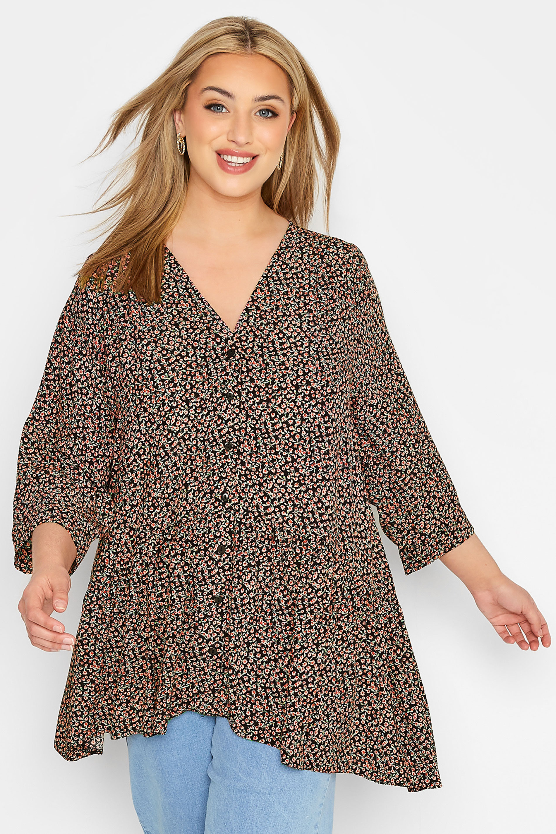 Plus Size Black Ditsy Print Button Through Blouse | Yours Clothing 1
