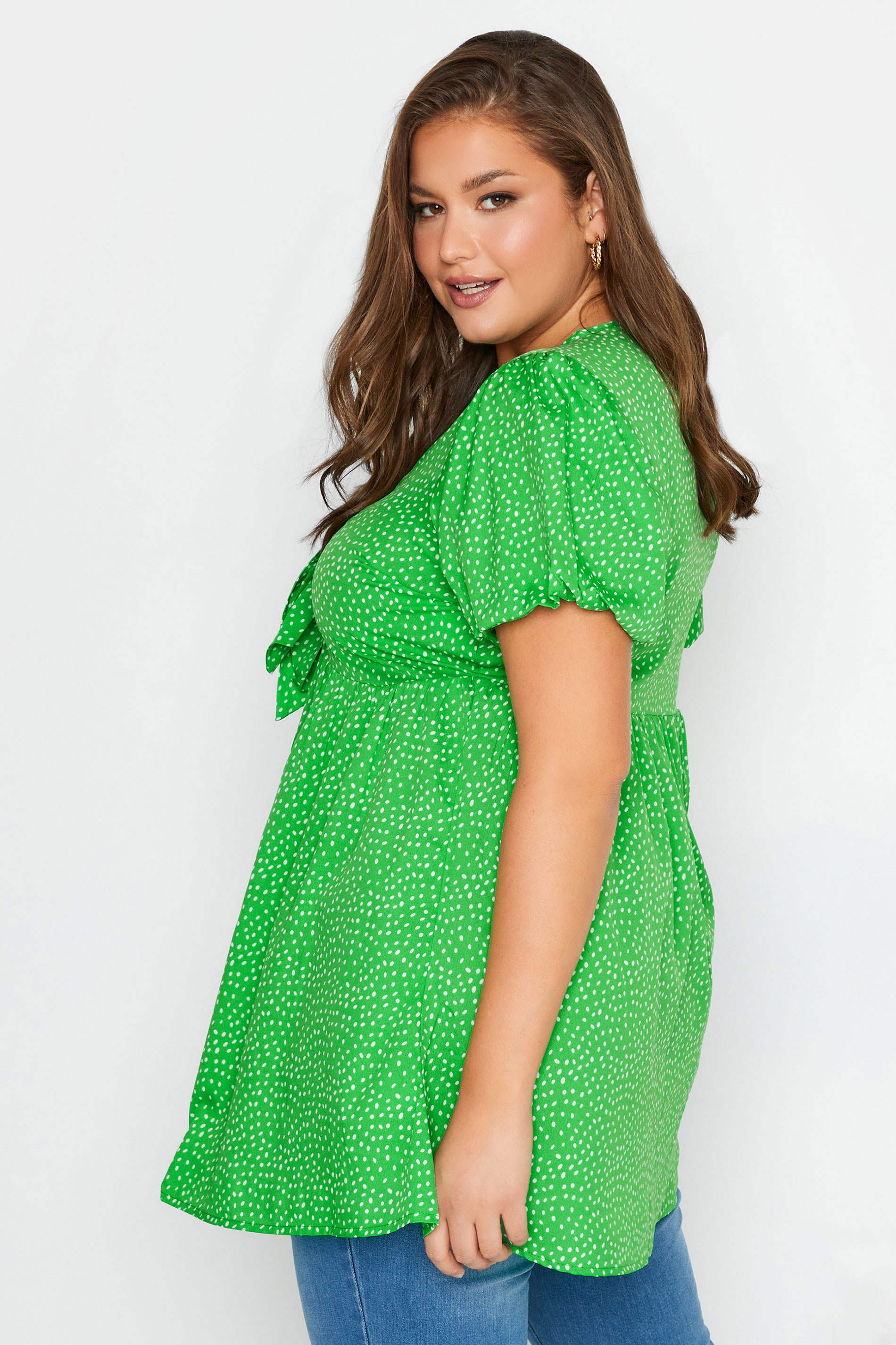 Plus Size Green Spot Print Tie Front Tunic Top | Yours Clothing 3