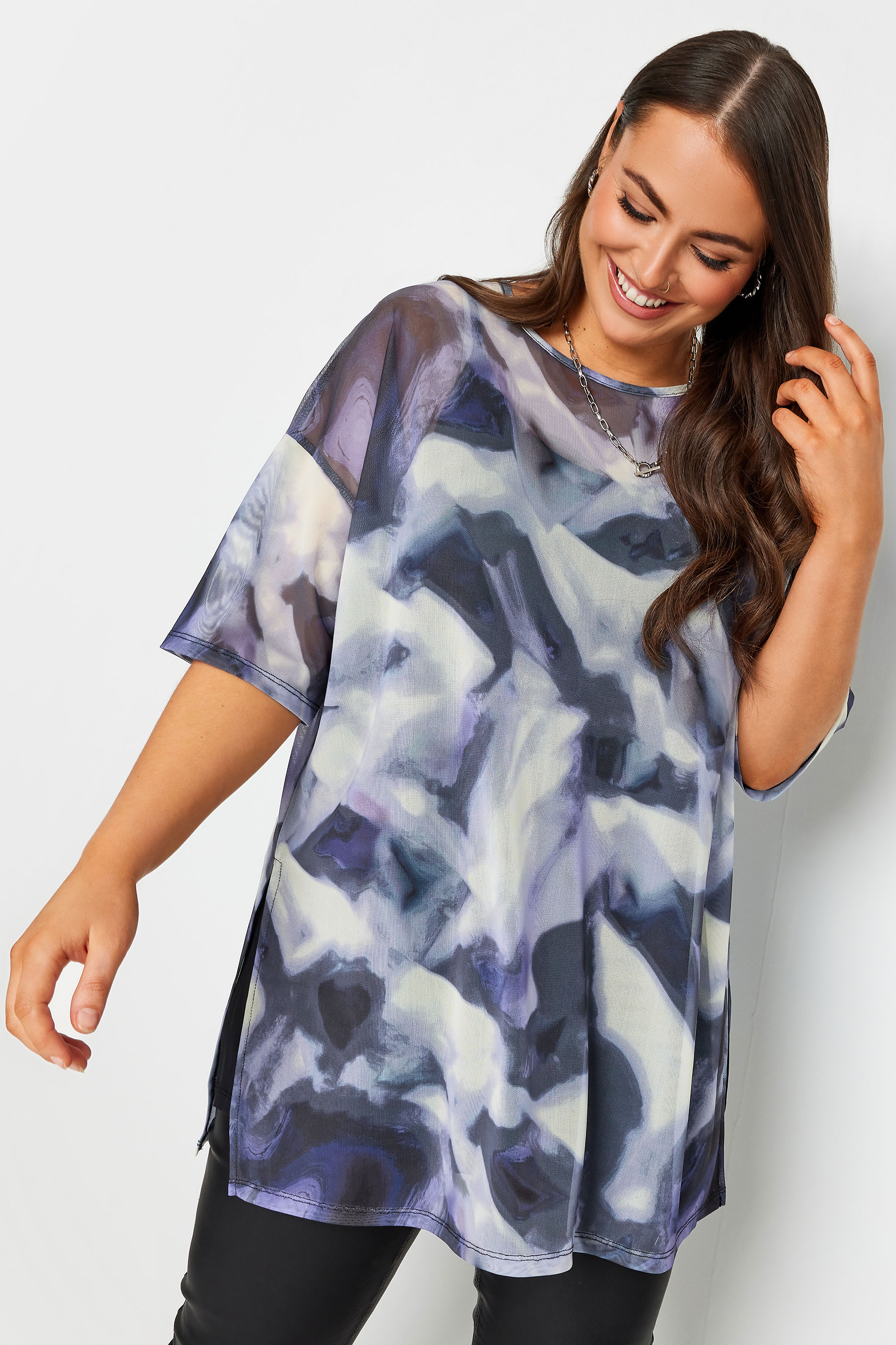 LIMITED COLLECTION Plus Size Black Abstract Print Oversized Mesh Top | Yours Clothing 1