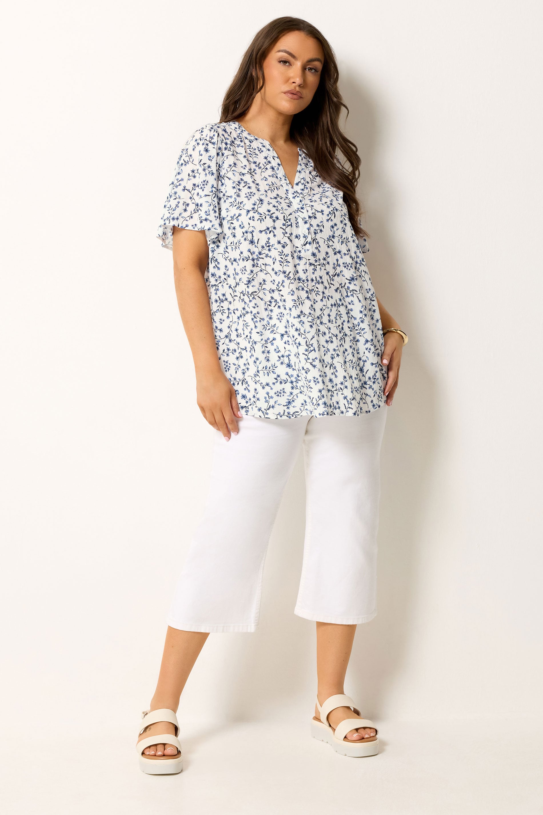 YOURS Plus Size White Ditsy Floral Notch Neck Top | Yours Clothing 1