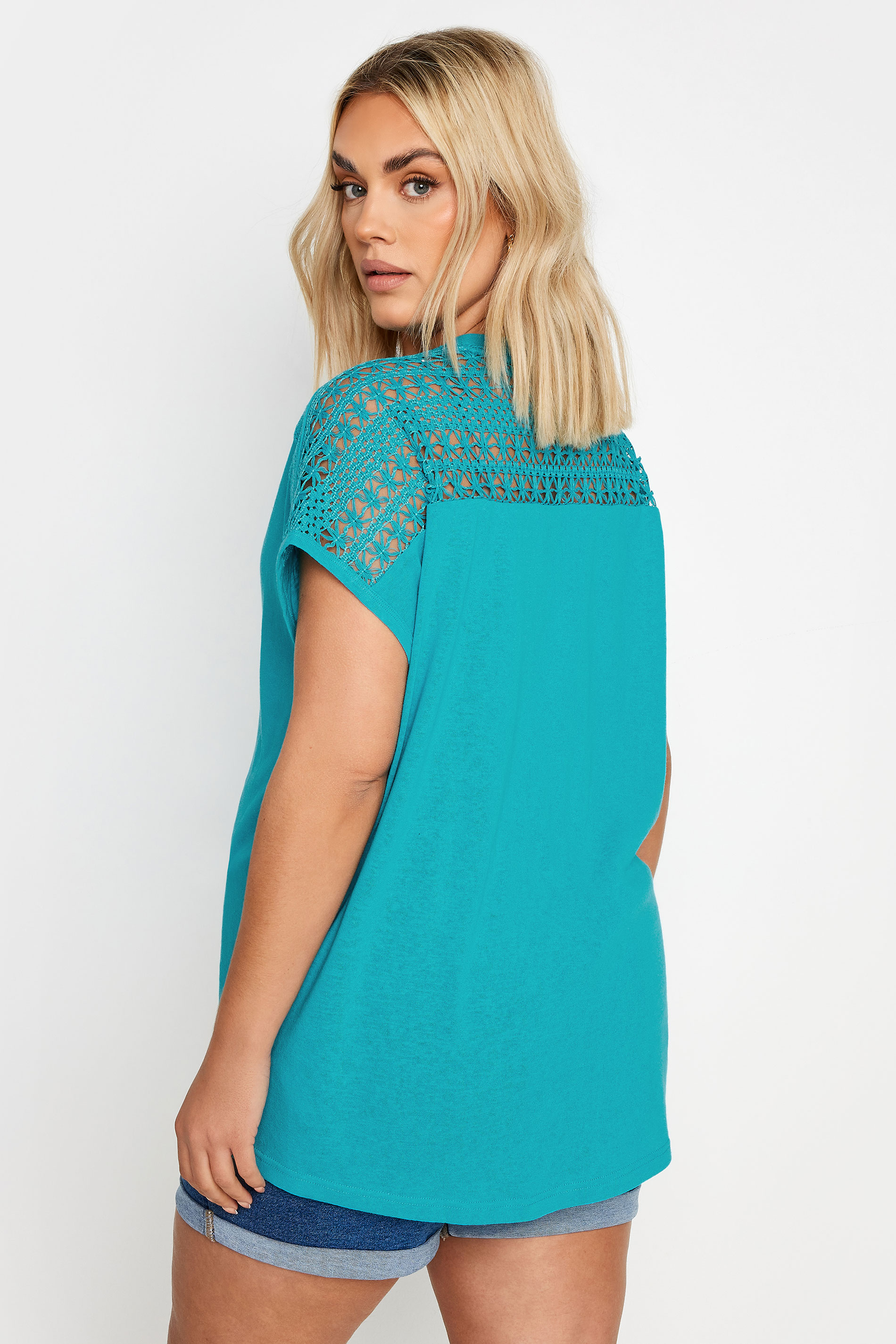 YOURS Plus Size Blue Crochet Detail Linen T-Shirt | Yours Clothing 3