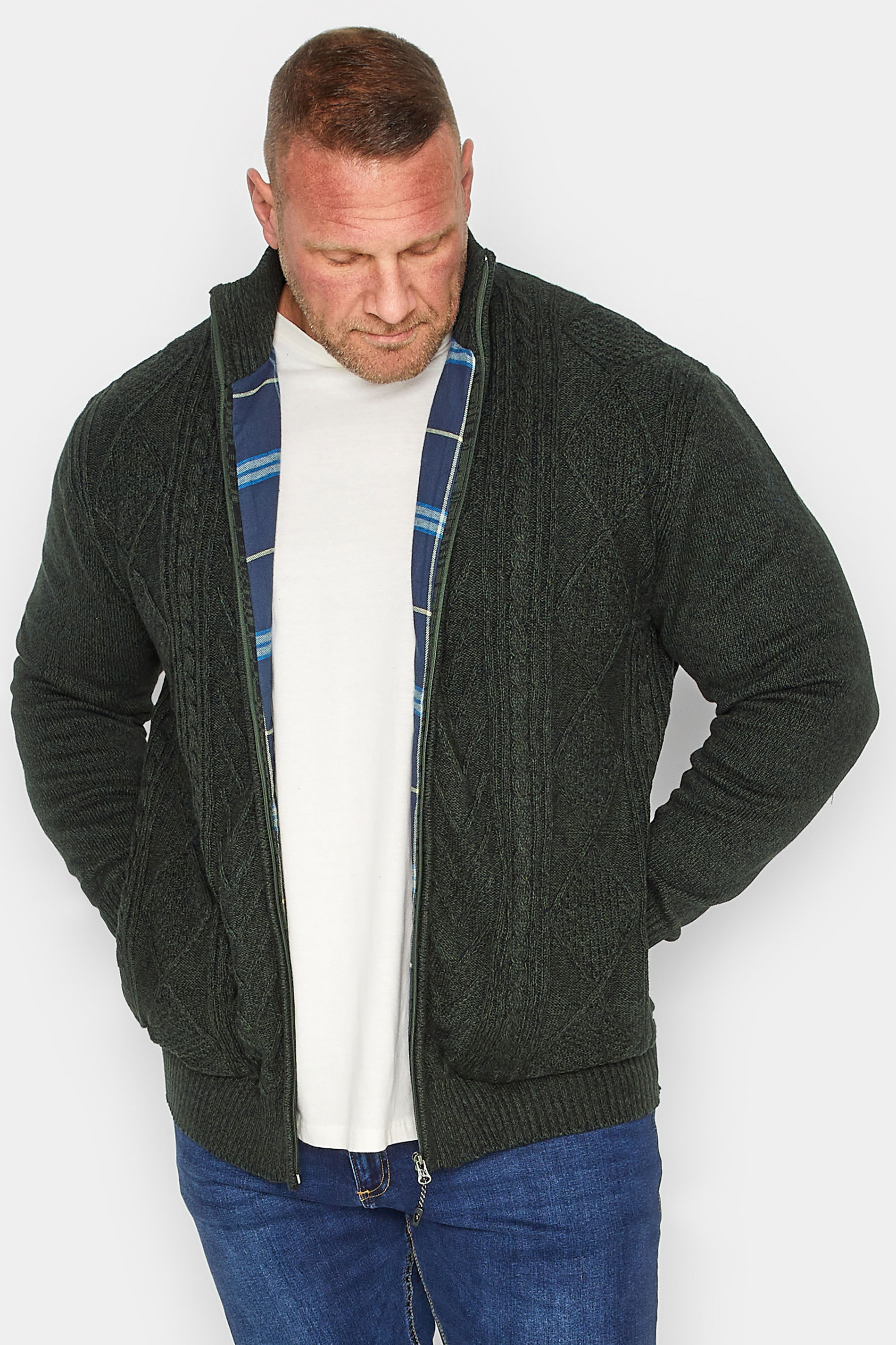 KAM Big & Tall Green Cable Knit Lined Cardigan | BadRhino 1