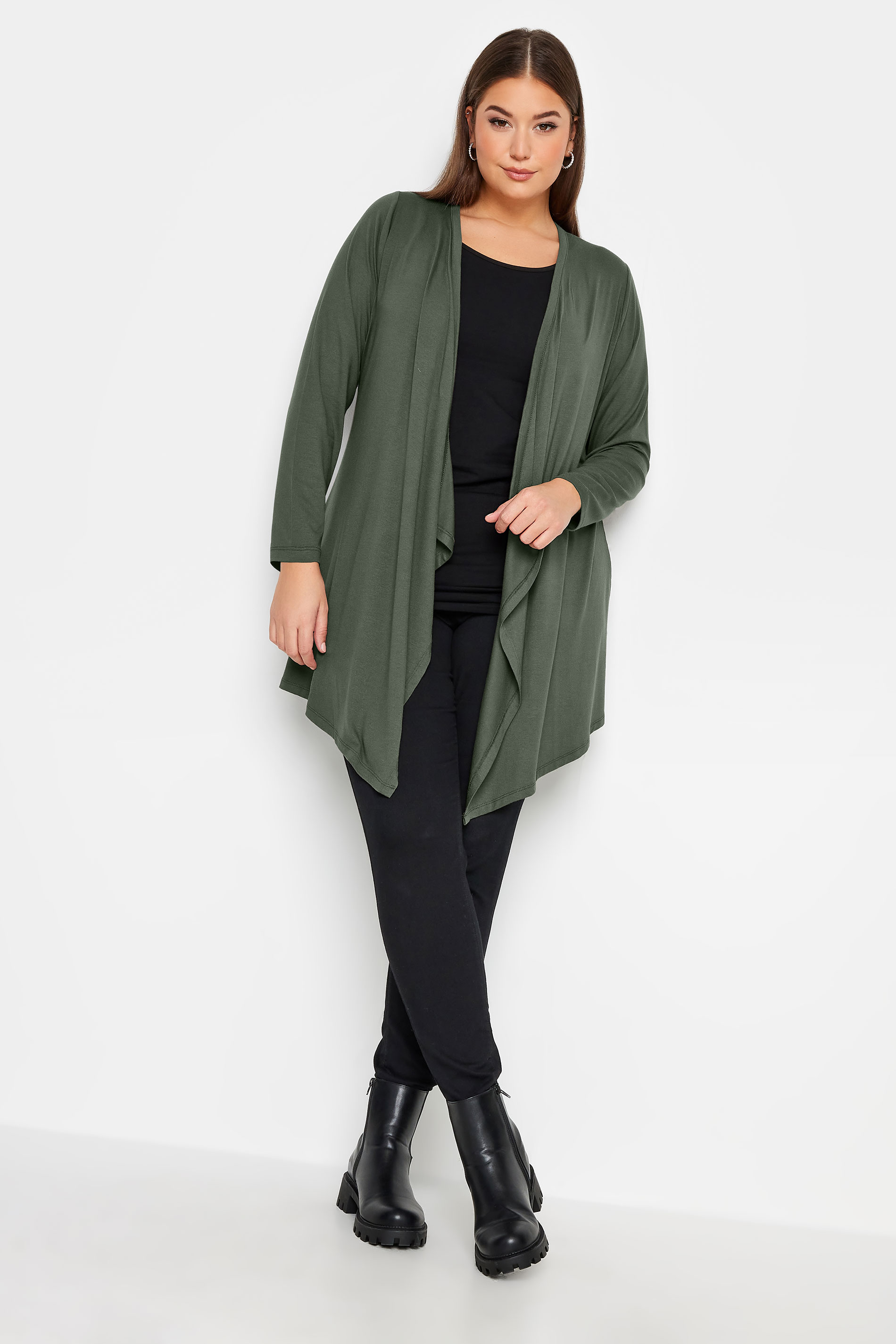 YOURS Plus Size Khaki Green Waterfall Jersey Cardigan | Yours Clothing 2