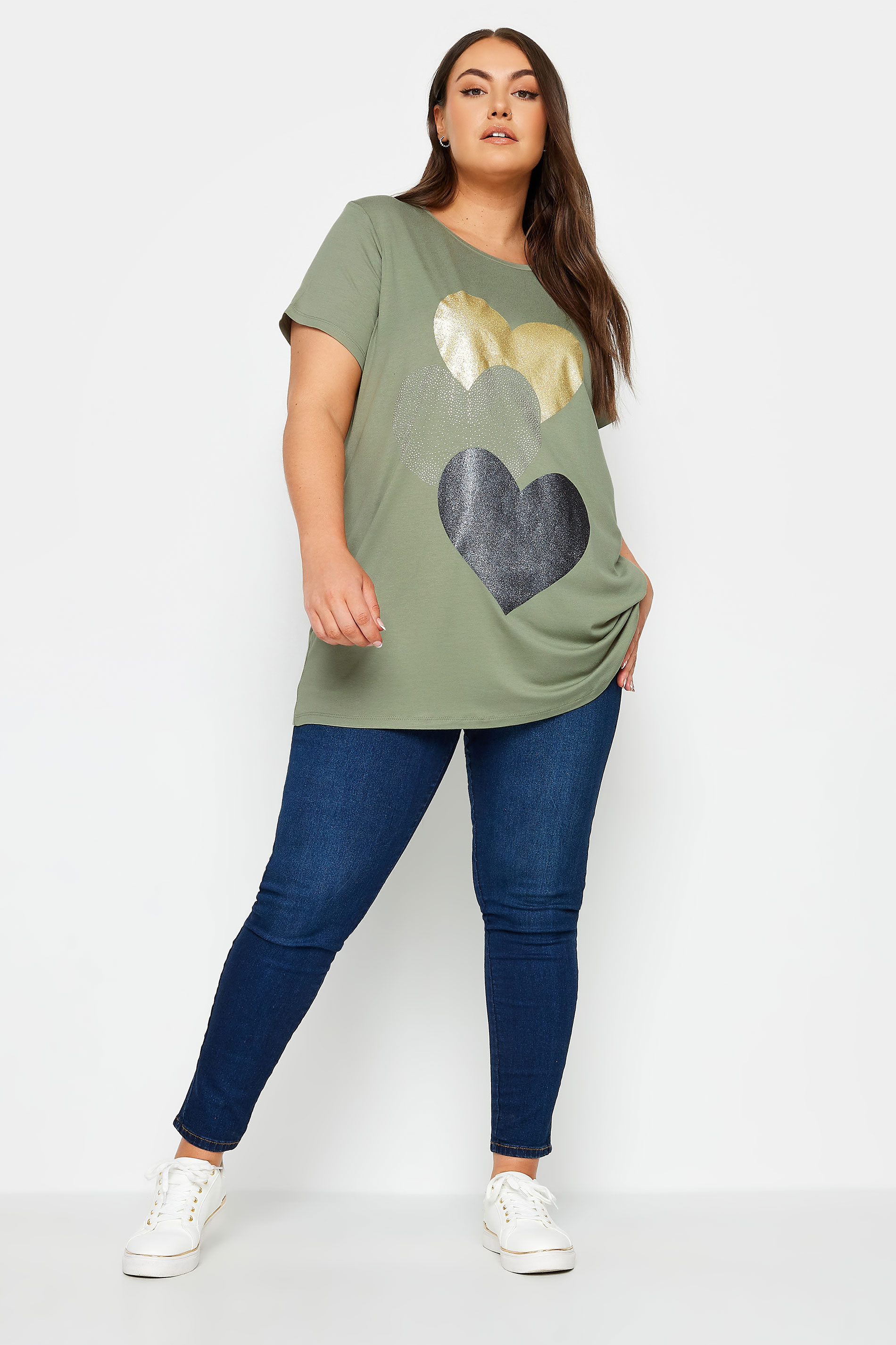 YOURS Plus Size Sage Green Glitter Heart Print T-Shirt | Yours Clothing  2