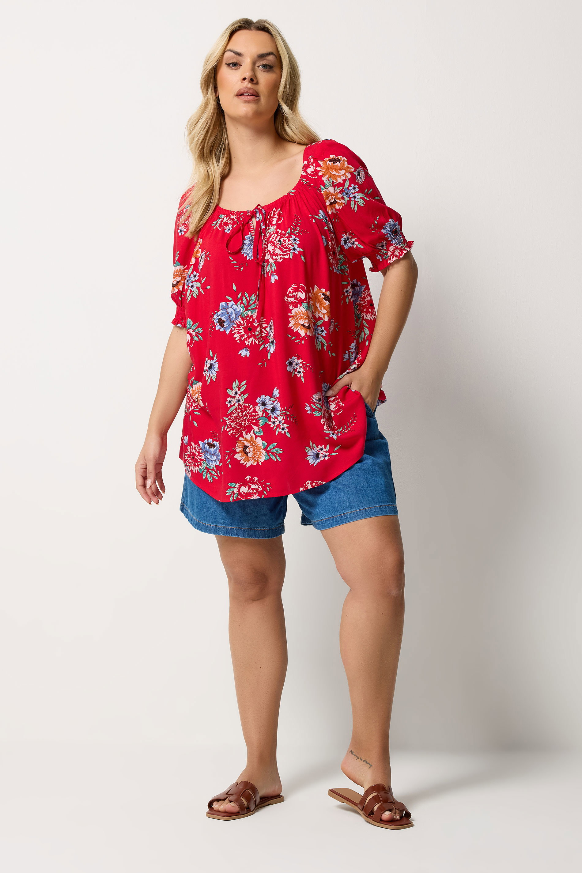 YOURS Plus Size Red Floral Tie Neck Blouse | Yours Clothing 1