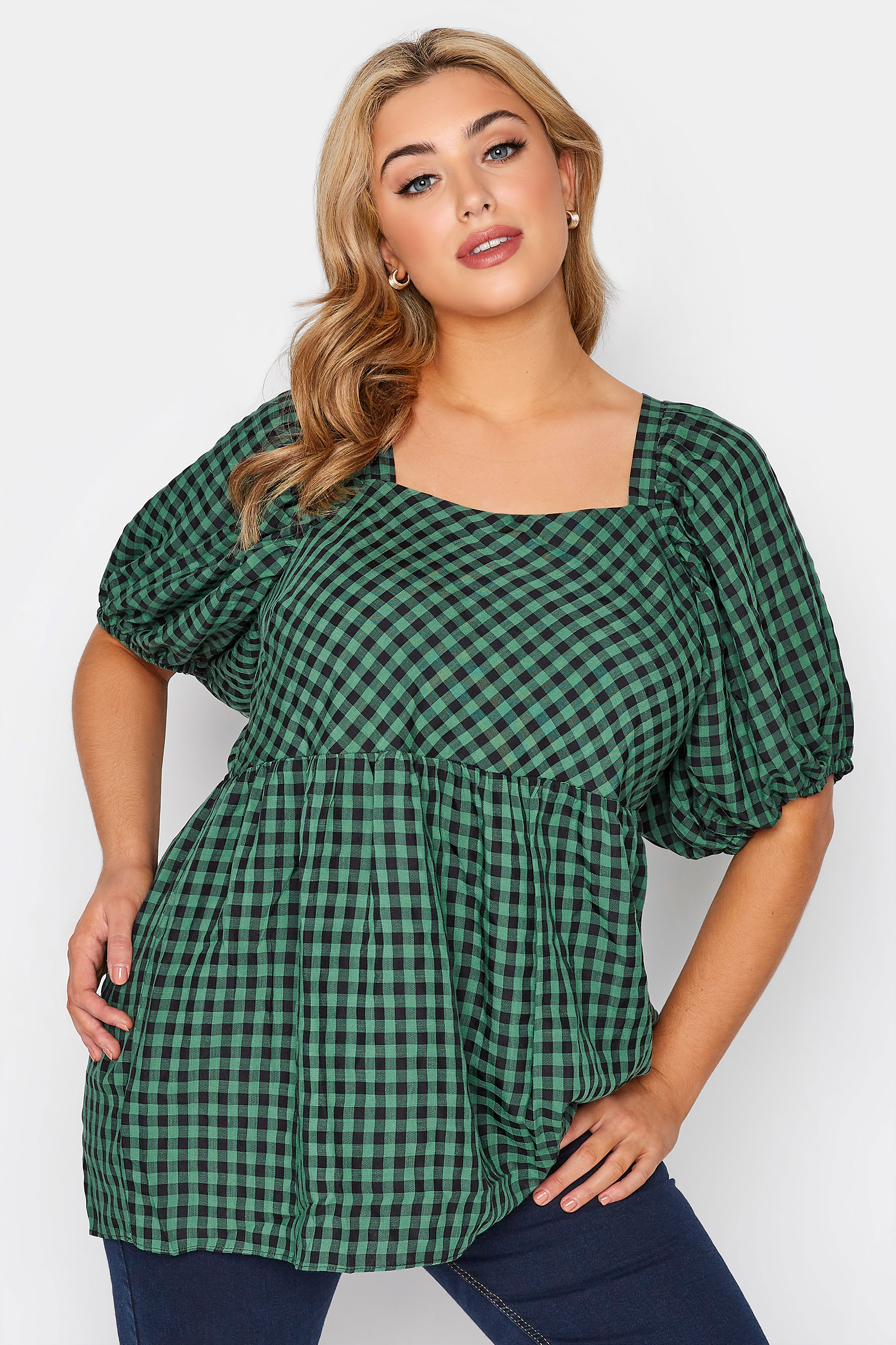 LIMITED COLLECTION Curve Green Gingham Milkmaid Peplum Top 1