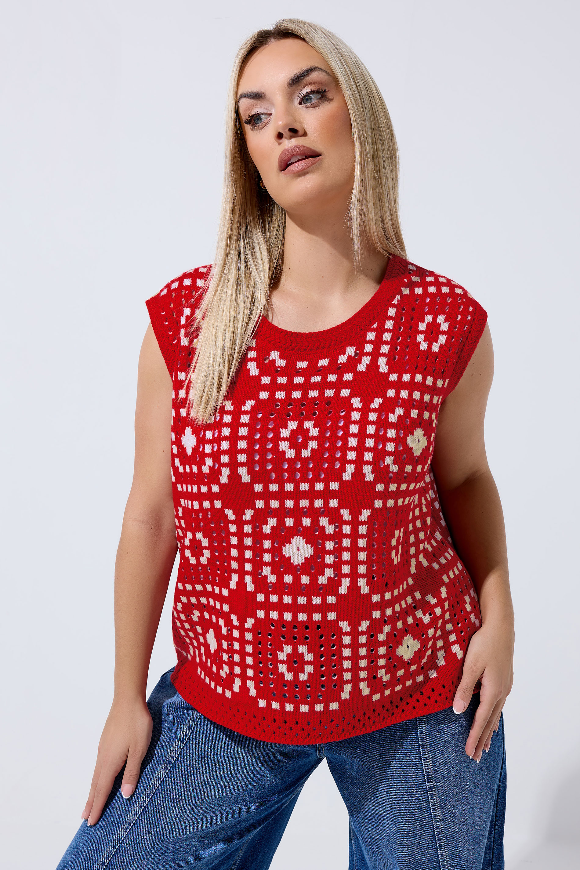 LIMITED COLLECTION Plus Size Red Knitted Crochet Vest | Yours Clothing 3