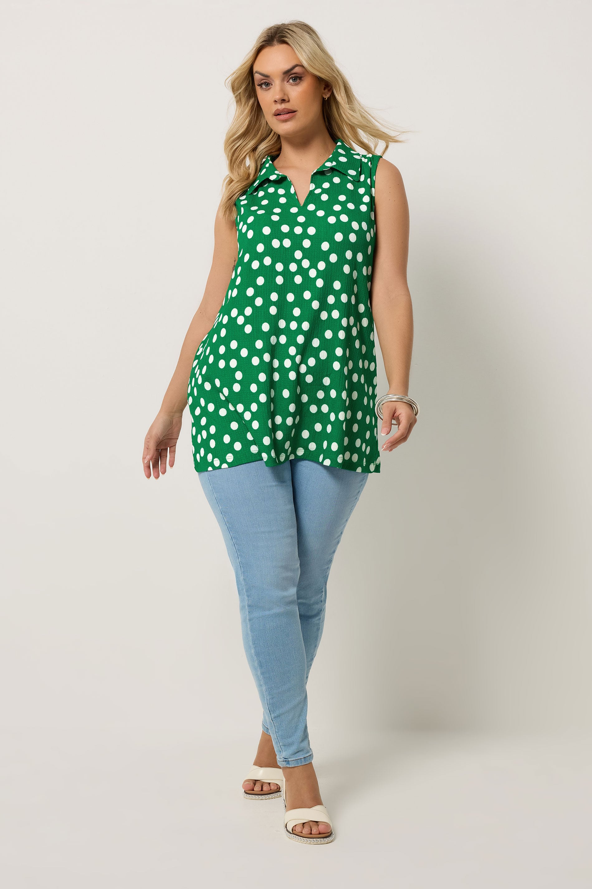 YOURS Plus Size Green Polka Dot Collared Vest Top | Yours Clothing 1