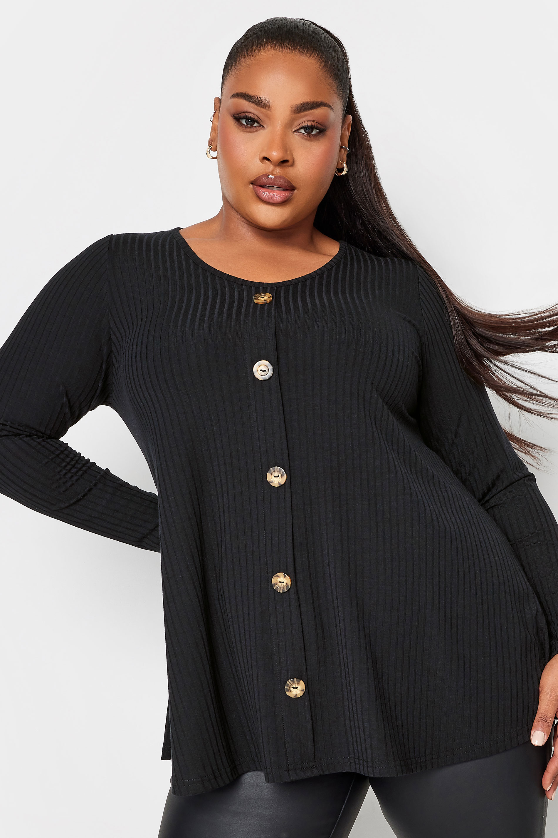 LIMITED COLLECTION Plus Size Black Ribbed Button Detail Long Sleeve Top | Yours Clothing 1