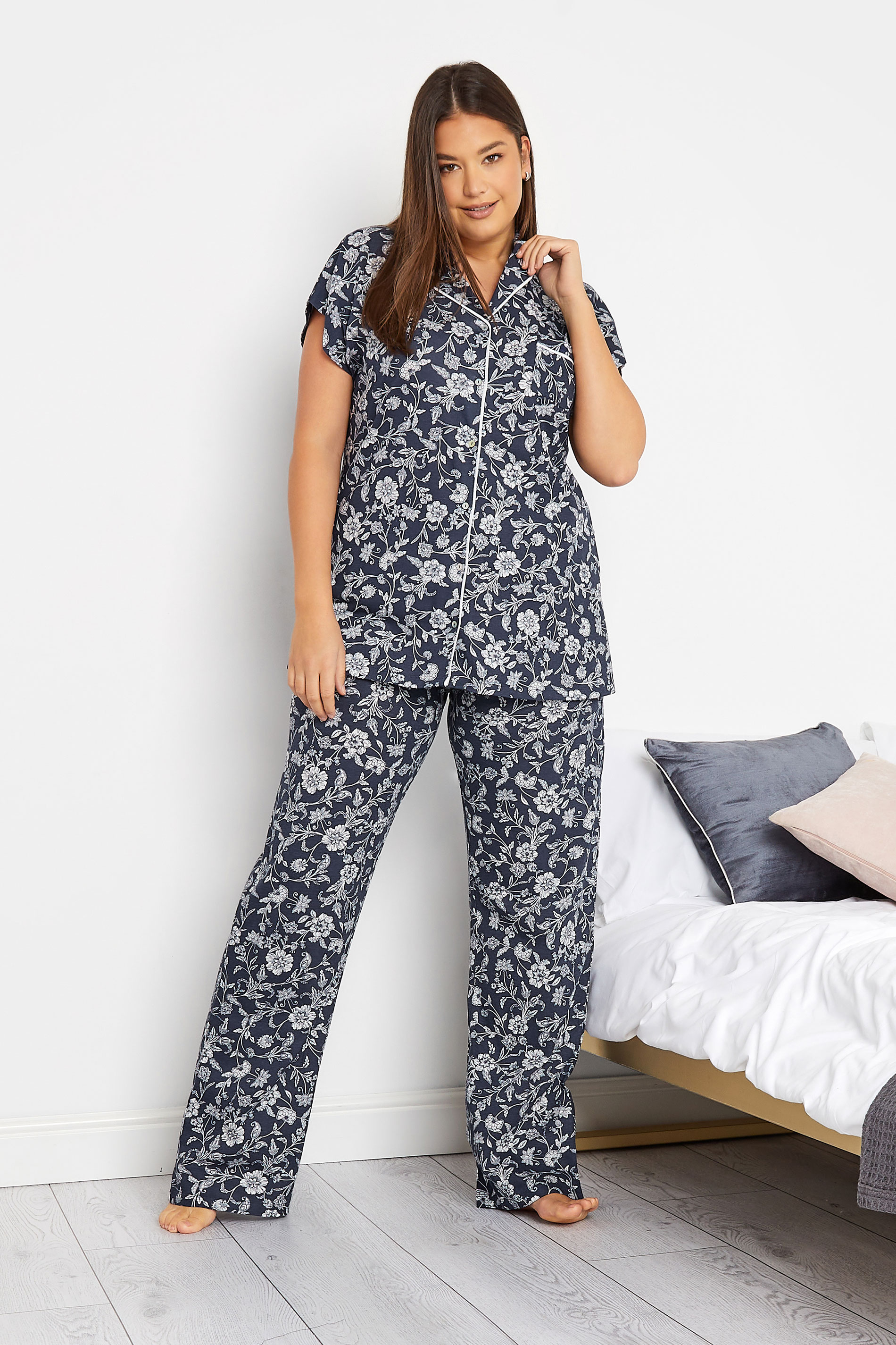 LTS Tall Women's Blue Stencil Floral Print Pyjama Set | Long Tall Sally 1