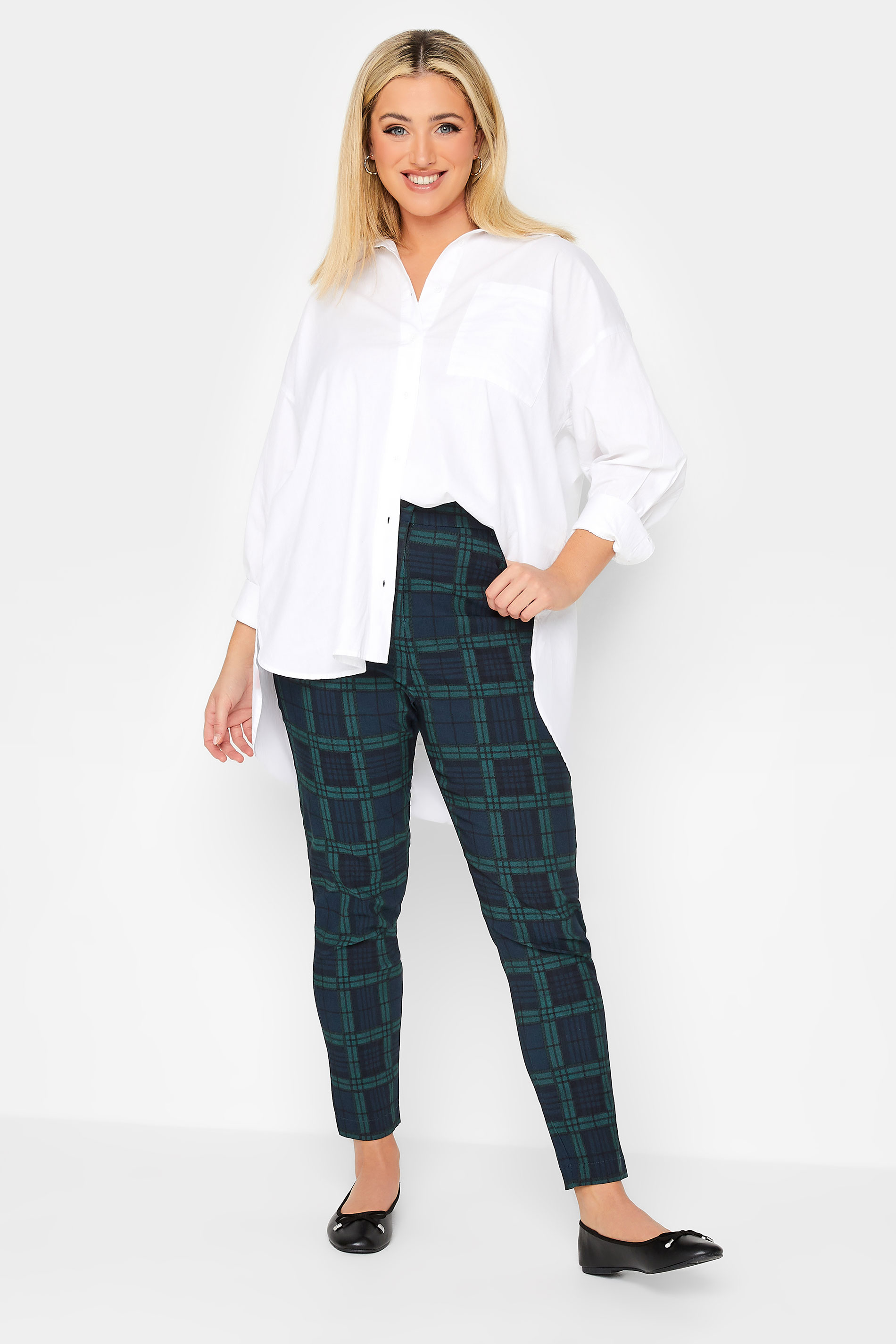 Plus Size Navy Blue & Green Check Print Bengaline Slim Leg Stretch Trousers | Yours Clothing 2