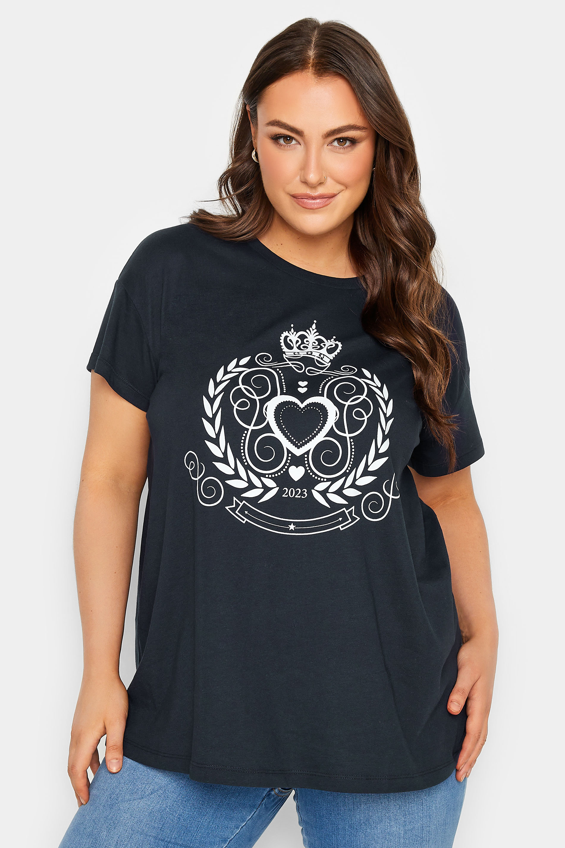 YOURS Plus Size Navy Blue Crown Print T-Shirt | Yours Clothing 1