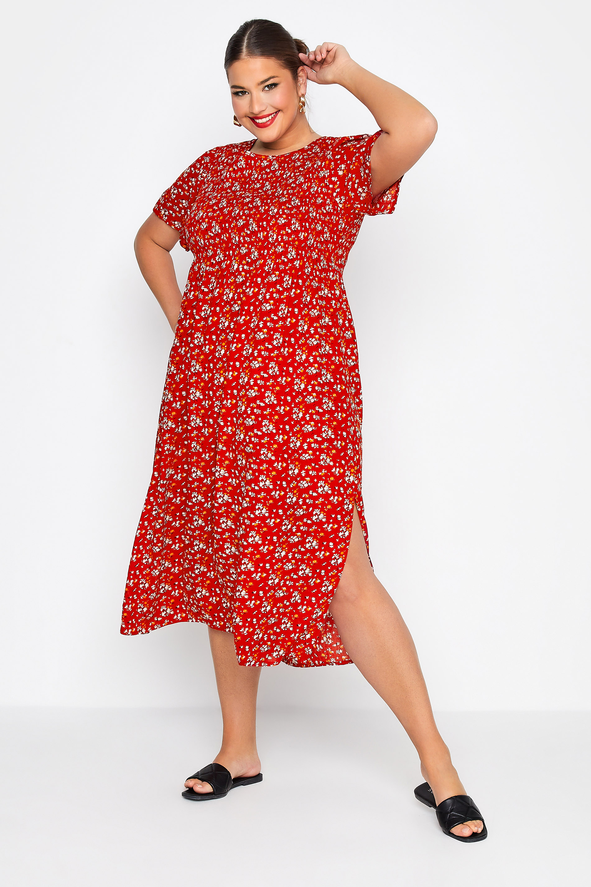 LIMITED COLLECTION Curve Red Ditsy Print Shirred Midaxi Dress_A.jpg